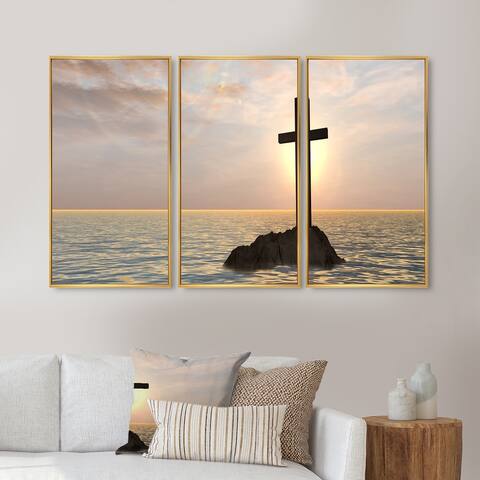 Designart 'Jesus Christian Cross in Bay View' Religious Framed Wall Art Set of 3 - 4 Colors of Frames