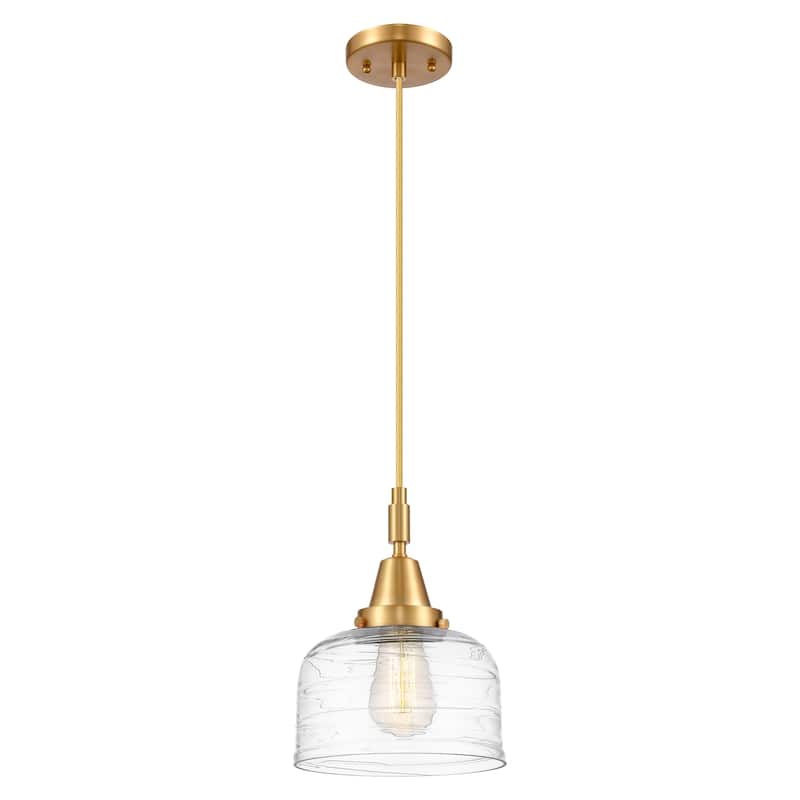 Innovations Lighting Downtown Urban - Caden Bell - 1 Light 8" Cord Hung Mini Pendant - Satin Gold/Clear Deco Swirl Shade