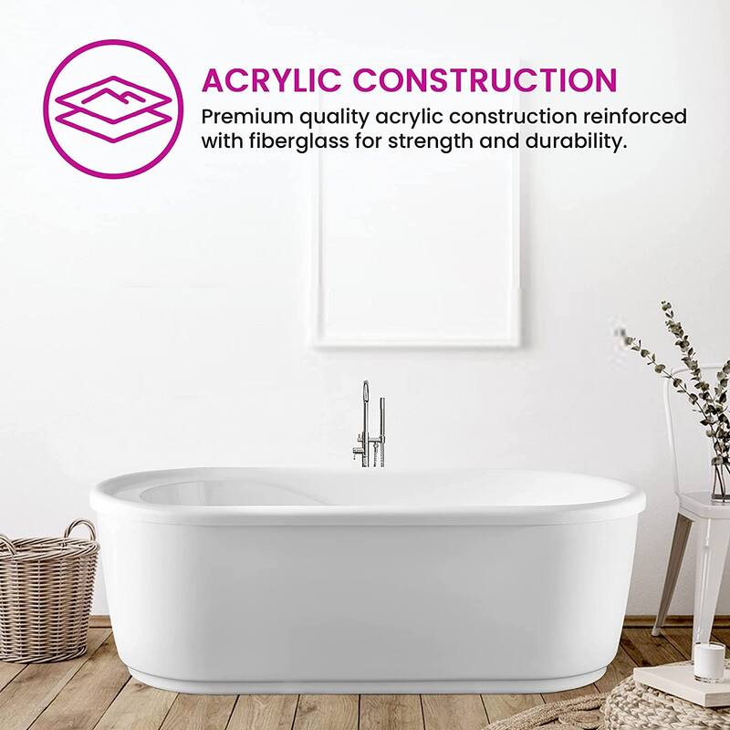 Vanity Art 59-Inch Freestanding Acrylic Bathtub Stand Alone Soaking Tub with Polished Chrome Round Overflow & Pop-up Drain - 59