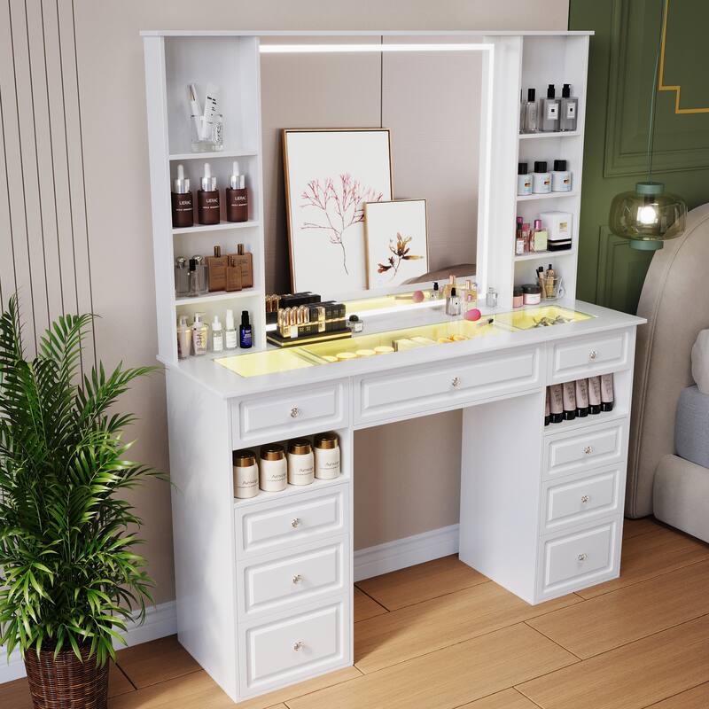 Modern Vanity Set with Lighted Mirror,Extra Large Mirror Makeup Vanity Table with 9 Drawers,European Style Vanity