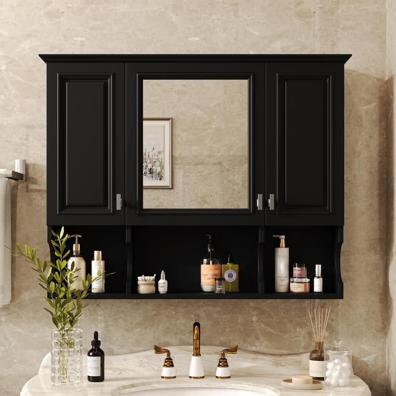 Bathroom Medicine Cabinet with Groove Design, Wall Cabinet with Mirror, Open Compartments of Curved Panls and Silver Handles - Black