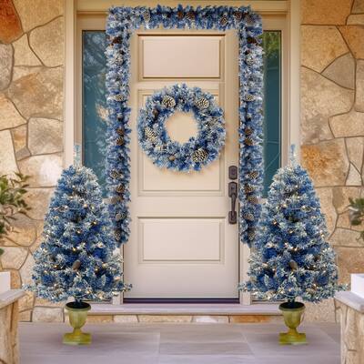 Pre-lit Xmas Tree Artificial Christmas 4-Piece Set,Garland, Wreath and Set of 2 Entrance Trees X-mas with LED Lights