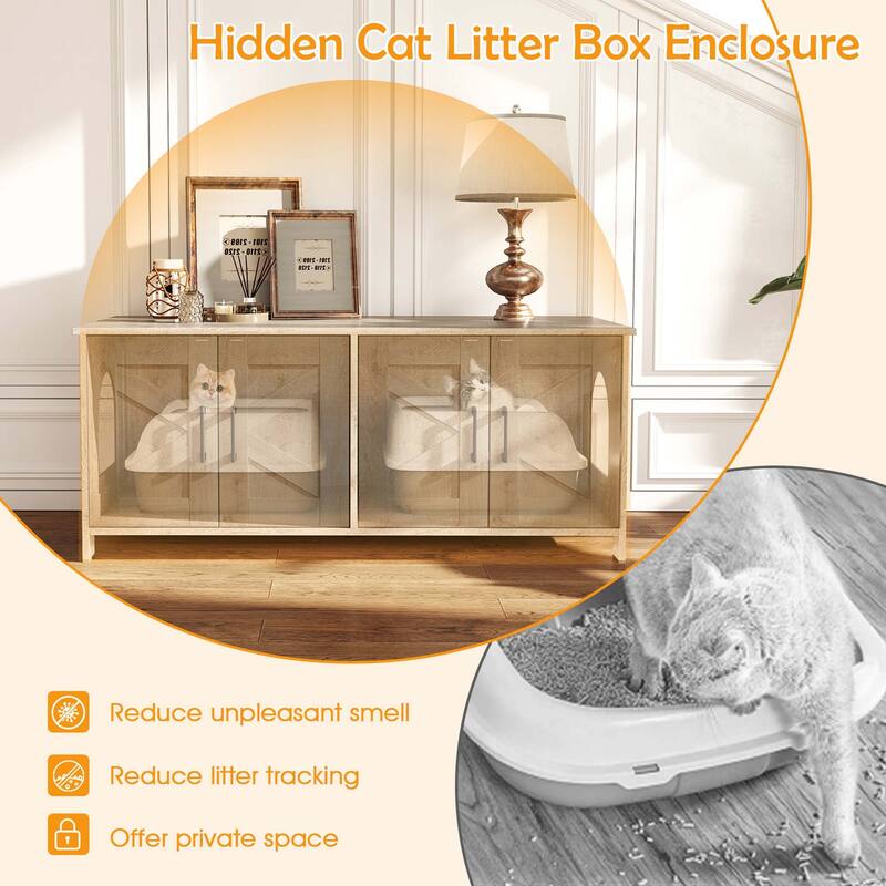 Gymax Cat Litter Box Enclosure for 2 Cats w/ Double Rooms Wooden Cat