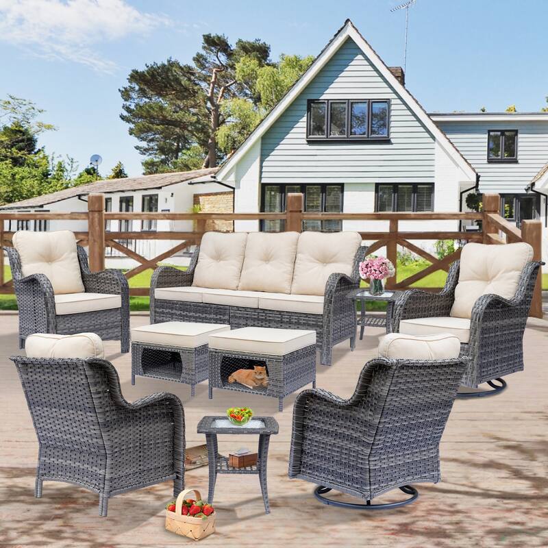 Outdoor Patio Furniture-Gray Wicker Outdoor Swivel Rocker Chairs Set - 9 Piece - Beige