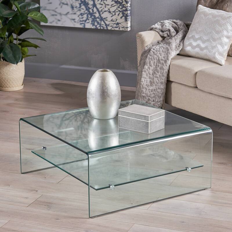 31.5" Modern All Glass Coffee Table with Storage Shelf for Living Room