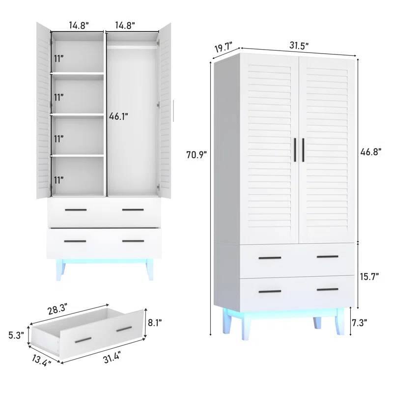 Contemporary Pine Wood Wardrobe with Adjustable Shelves LED Lighting Drawers and Louver Doors - 71'' H X 31.51'' W X 19.72'' D