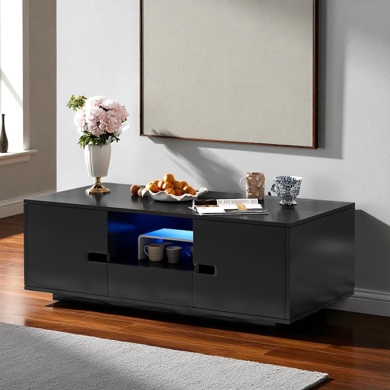 47.2'' Modern High Gloss LED Coffee Table with Storage, Rectangle Center Table with 16 Color Lights for Living Room