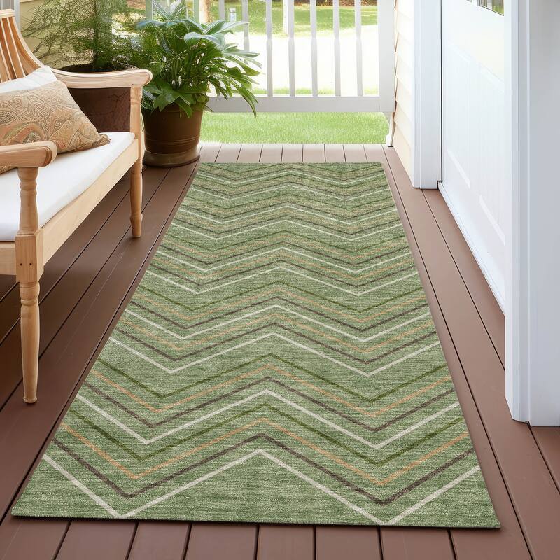 Machine Washable Indoor/ Outdoor Modern Chevron Chantille Rug - Green - 2'3" x 7'6"