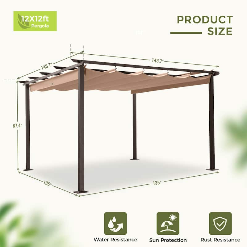 12 ft. x 12 ft. Aluminum Outdoor Pergola with Retractable Shade Canopy