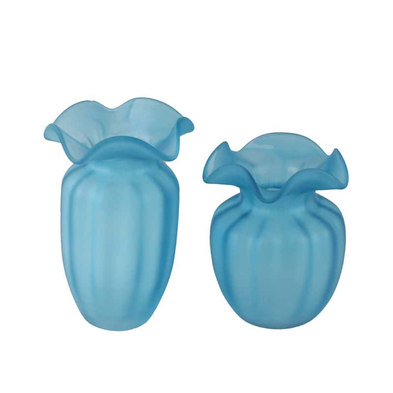 Fleurine Set of 2 Fluted Blooming Decorative Glass Flower Table Vases - Blue