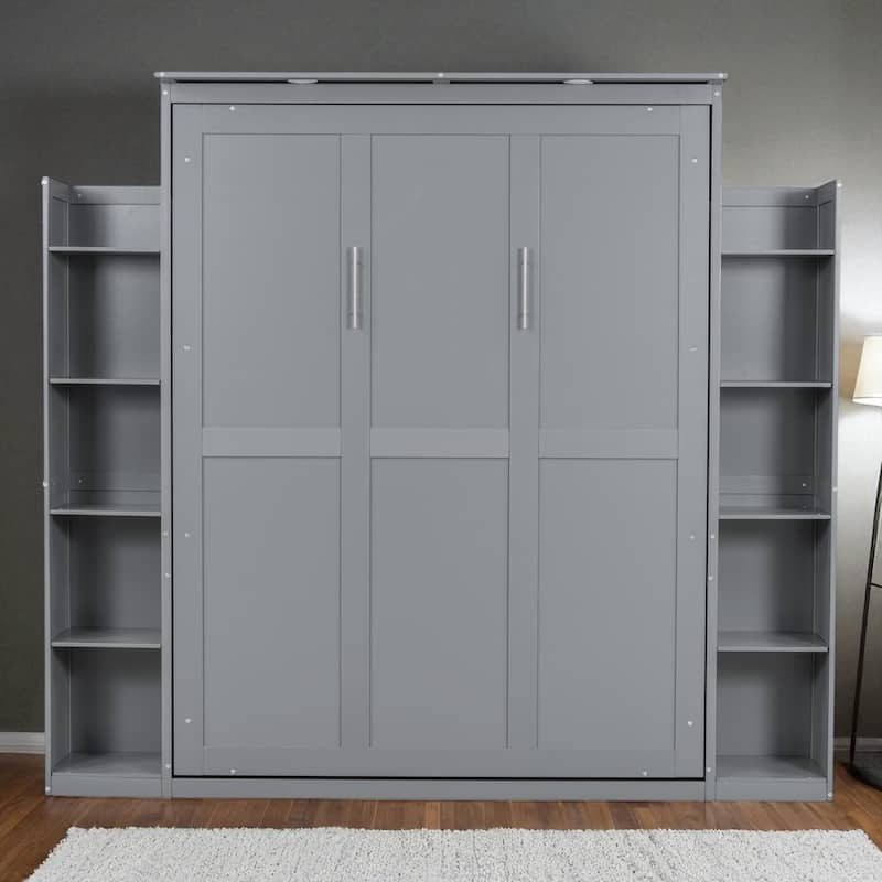 Full/Queen Murphy Wall Bed with Shelves & LED, Dual-Piston, 8 in Mattress, 600 lb Capacity, Space-Saving