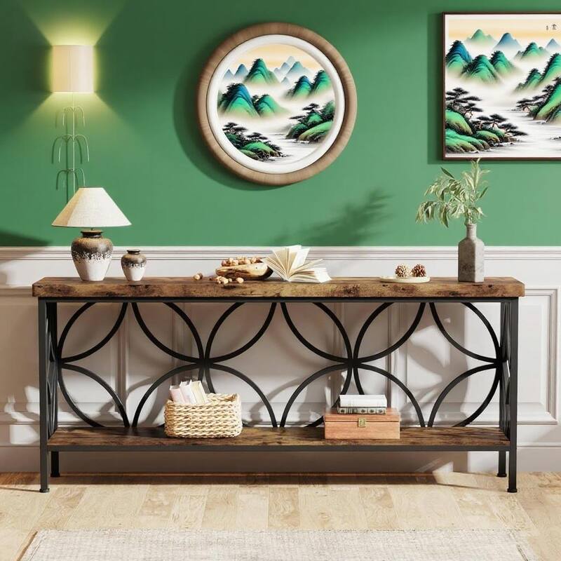 70.9” Industrial Console Table with 2-Tier Shelves Behind Sofa or Entryway Table with Metal Frame & Adjustable Feet