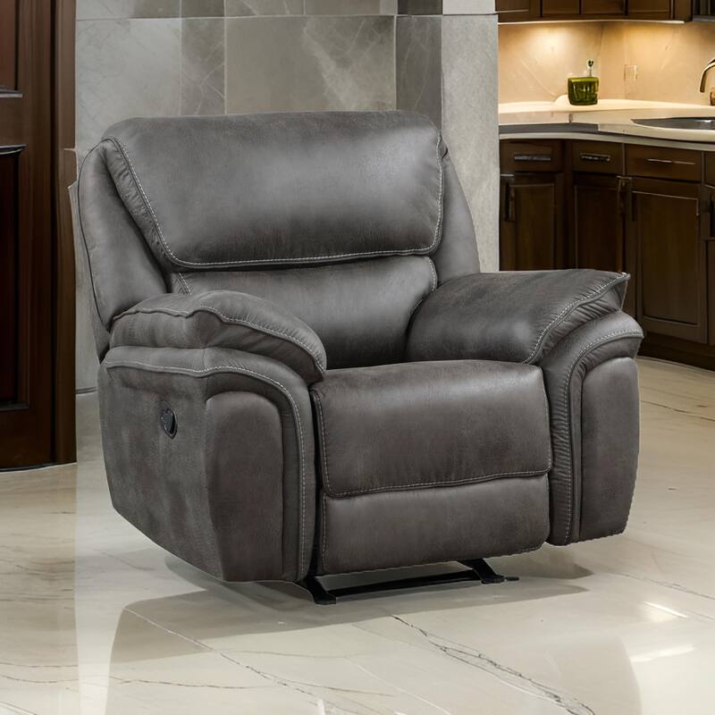 Tony 45 Inch Rocker Manual Recliner Chair, Gray Microfiber, Solid Wood