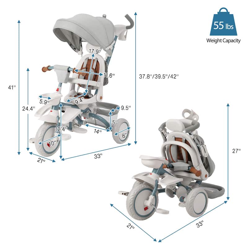 Baby Tricycle, 7 in 1 Folding Toddler Bike w/Removable Adjustable Push Handle
