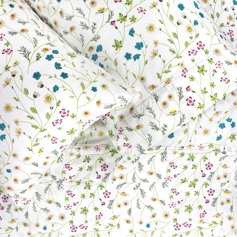 Printed Floral Design Cotton Collection Sheet Set and Pillowcases - Wildflower Multi - Queen