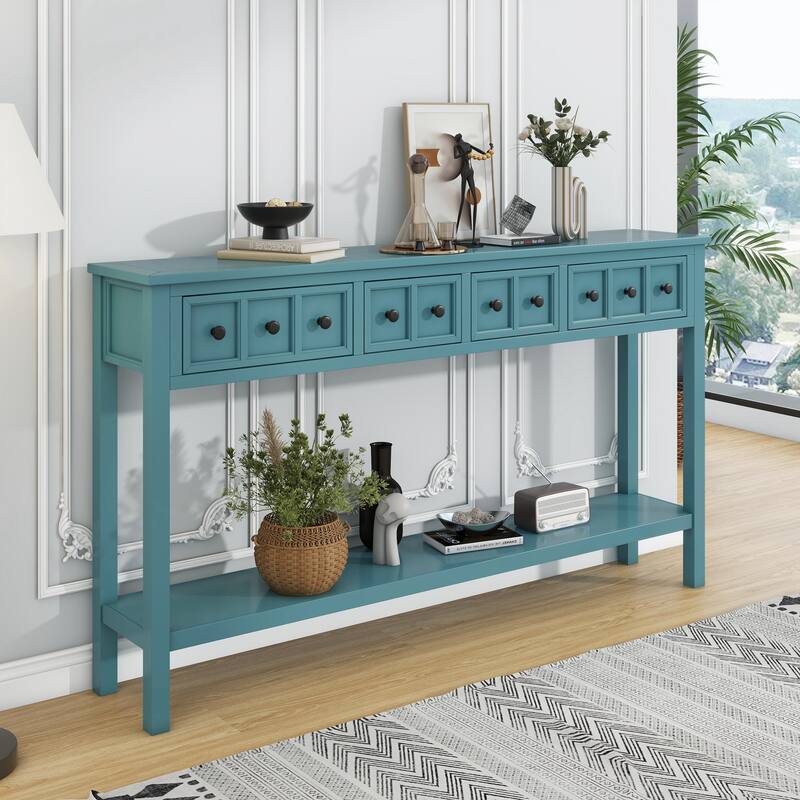 Rustic Entryway Console Table Sofa Table with Drawers and Bottom Shelf - Turquoise Green