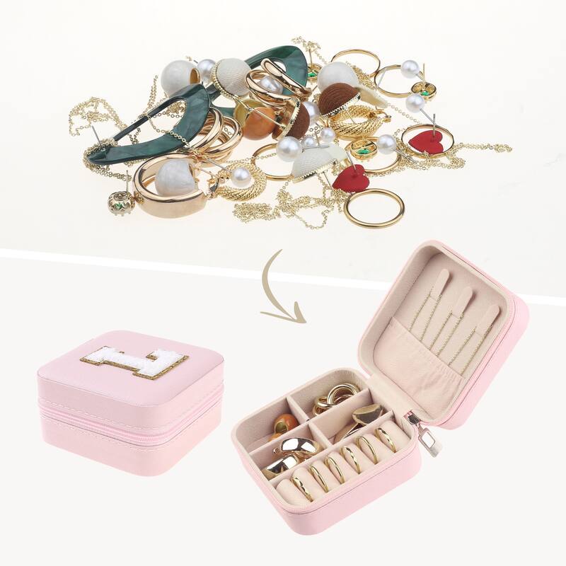 Travel Jewelry Box for Women, Teen Girl Gifts, Small Portable PU Leather Jewelry Organizer Case Storage Display Holder - Pink - L