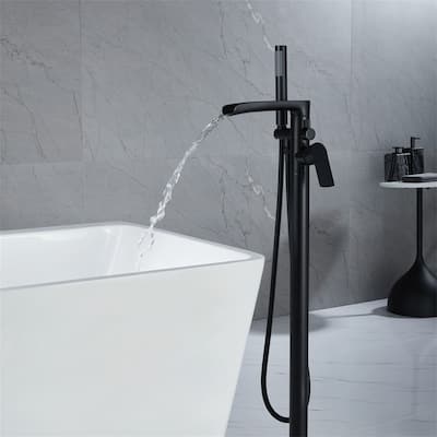 Waterfall Tub Filler Freestanding Bathtub Faucet Black Floor Mount Single Handle Modern Bathroom Tub Faucets With Hand Shower