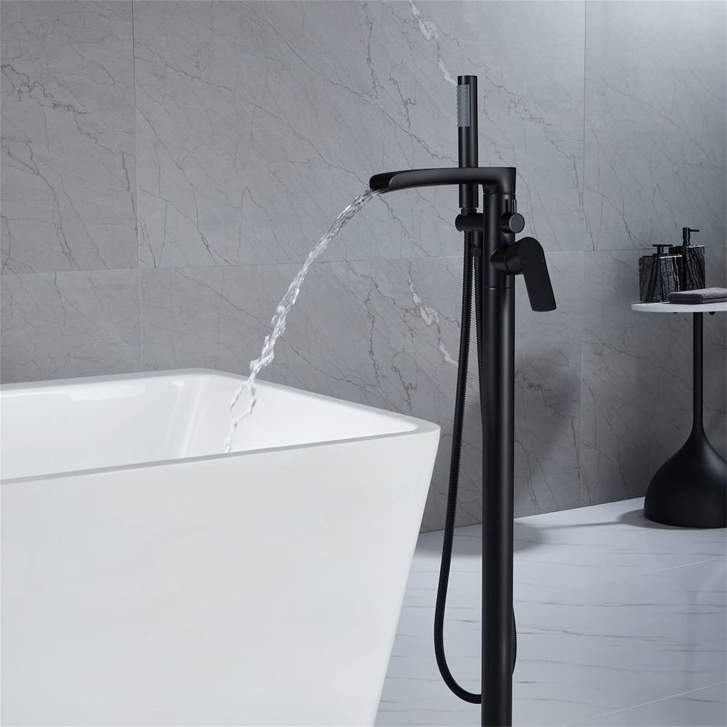 Waterfall Tub Filler Freestanding Bathtub Faucet Black Floor Mount Single Handle Modern Bathroom Tub Faucets With Hand Shower
