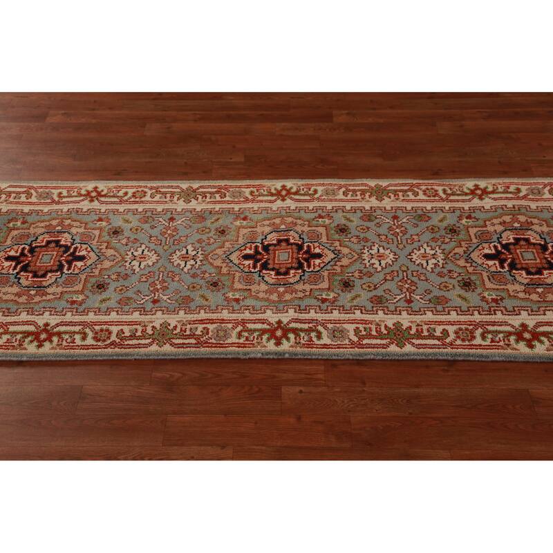 Hand Knotted Oriental 100% Wool Carpet Traditional Geometric Green Heriz (serapi) Runner Rug - 8' 0'' X 2' 6''