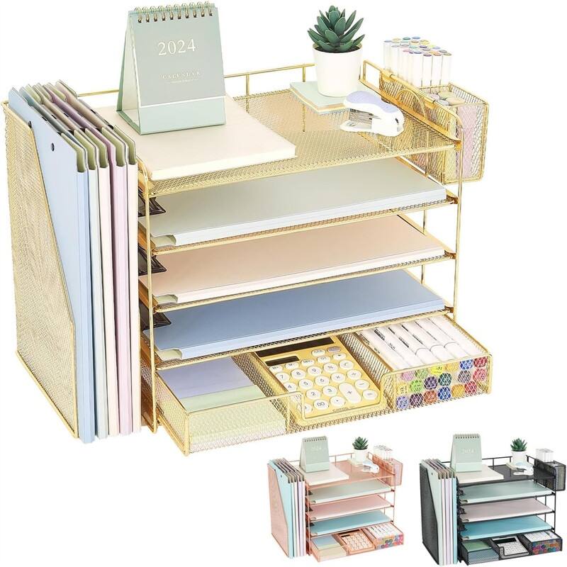 5 Tier Desk Accessories & Workspace Desk - 16.15"D x 9.45"W x 11.25"H - Gold