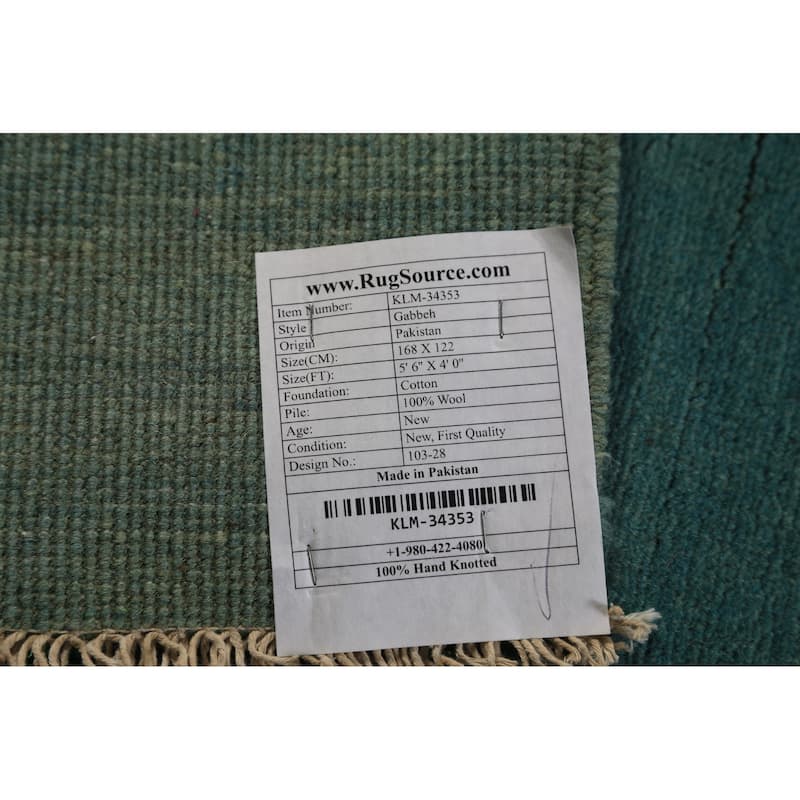 Blue & Green Gabbeh Modern Rug Hand-Knotted Striped Wool Carpet - 4'0" x 5'6"