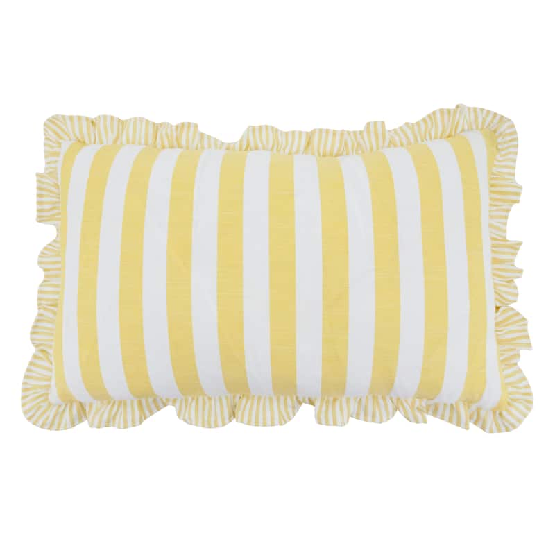 Striped Ruffle Edge Cotton-Blend Throw Pillow - Classic Cabana Stripe Design for Sofa, Bed & Accent Styling - 12"x20" - Cover Only - Yellow