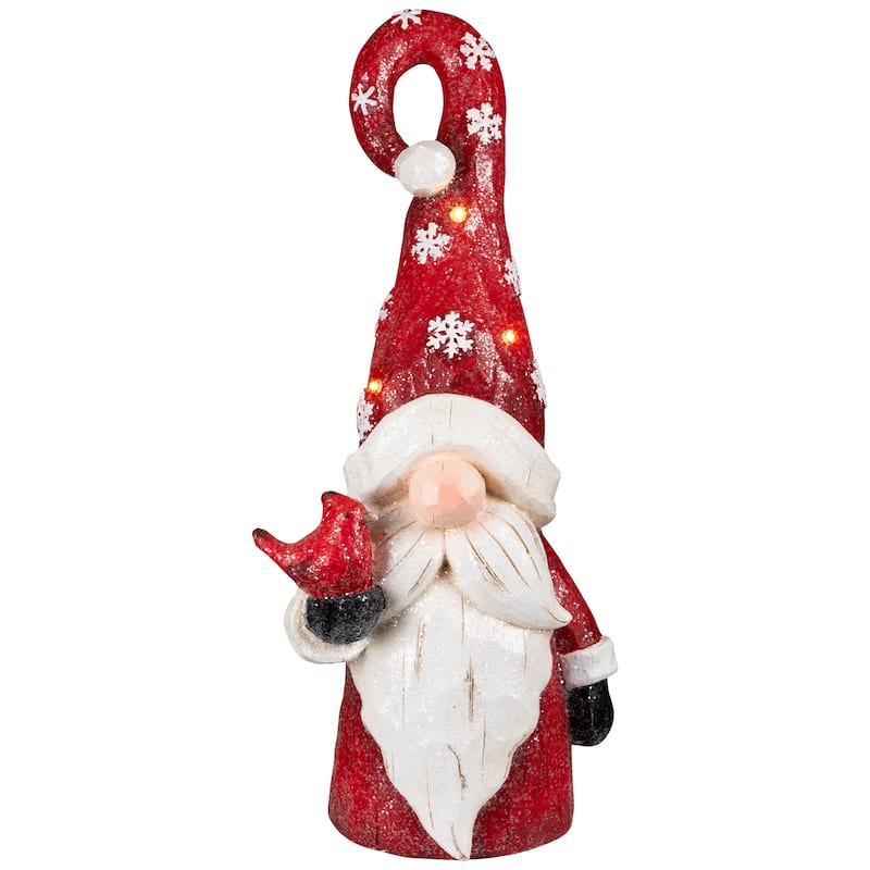 Gnome in Lighted Hat Holding Cardinal Christmas Decoration - 20" - LED Warm White Lights