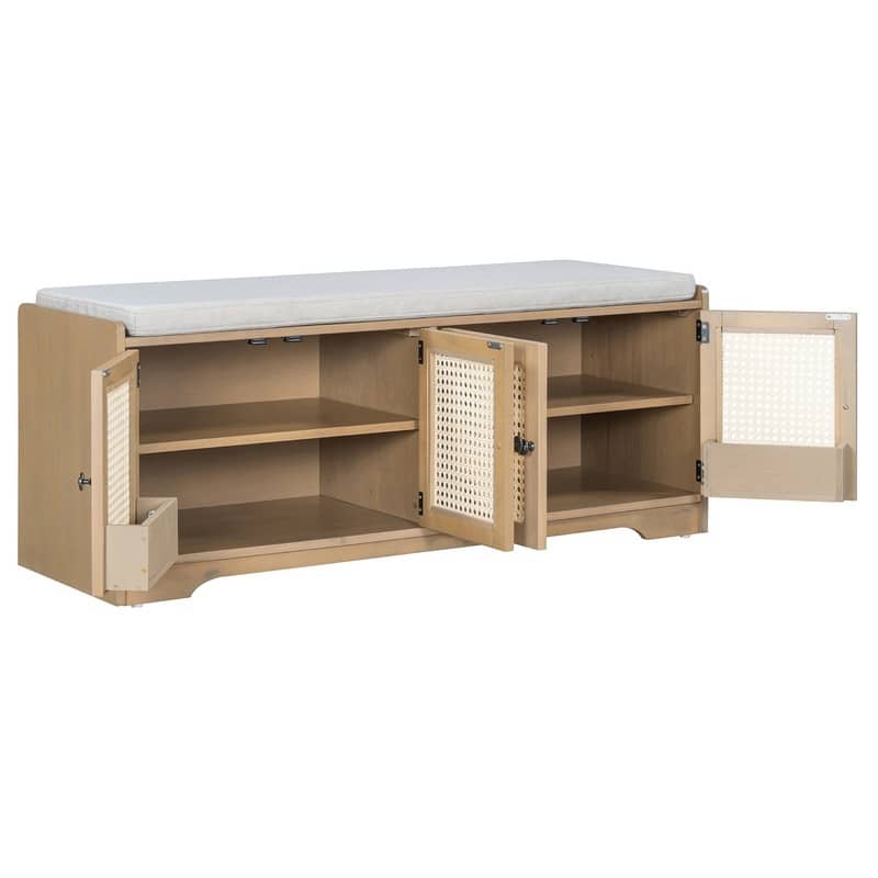 Rustic 47.4" Storage Bench Multifunctional Wooden Entryway Organizer with Removable Cushion and Rattan Doors