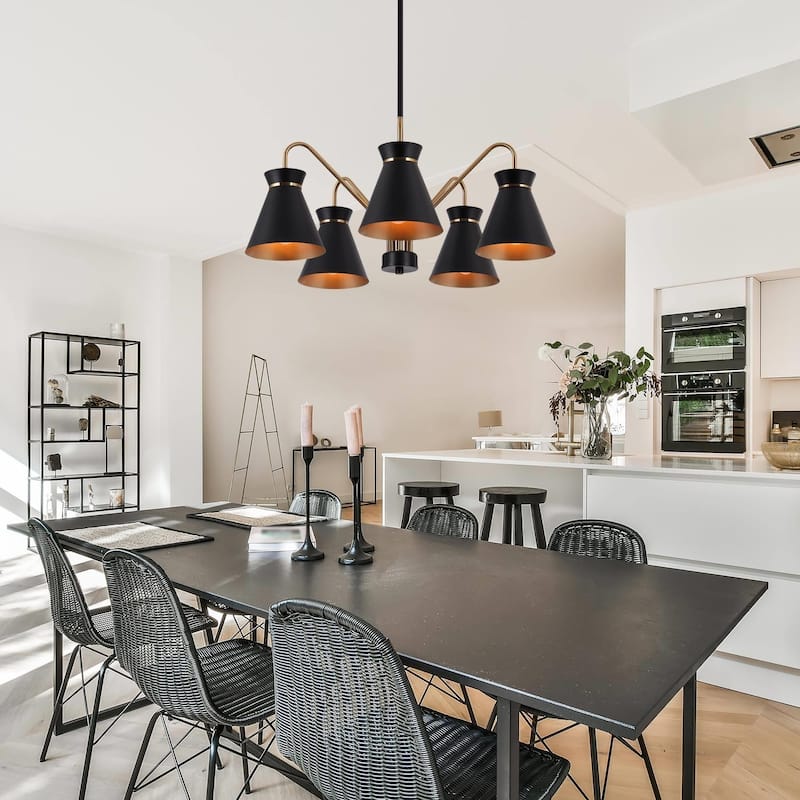 Modern Farmhouse 5-Light Black Gold Chandelier Pendant Light with Metal Shades - 23" D x 9" H