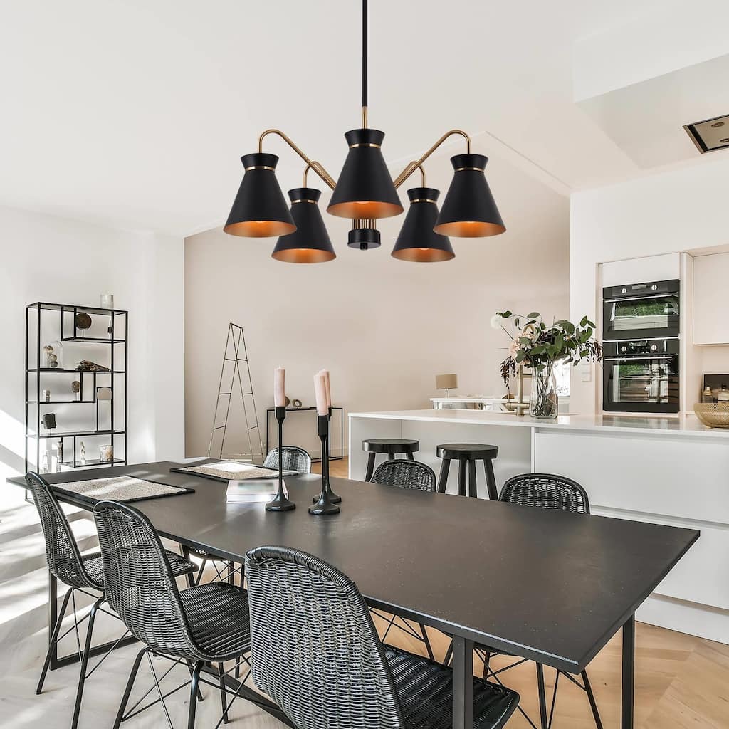 Modern Farmhouse 5-Light Black Gold Chandelier Pendant Light with Metal Shades - 23" D x 9" H