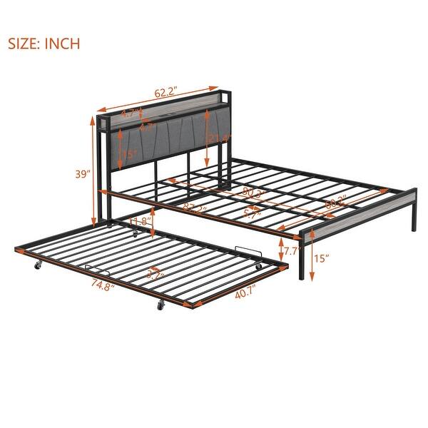 Platform Bed Frame with Trundle, USB Portst - Queen - Black