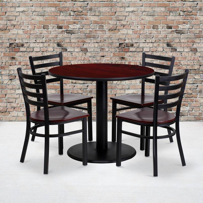36" Round Mahogany Laminate Table Set with 4 Metal Chairs - Mahogany Wood Seat