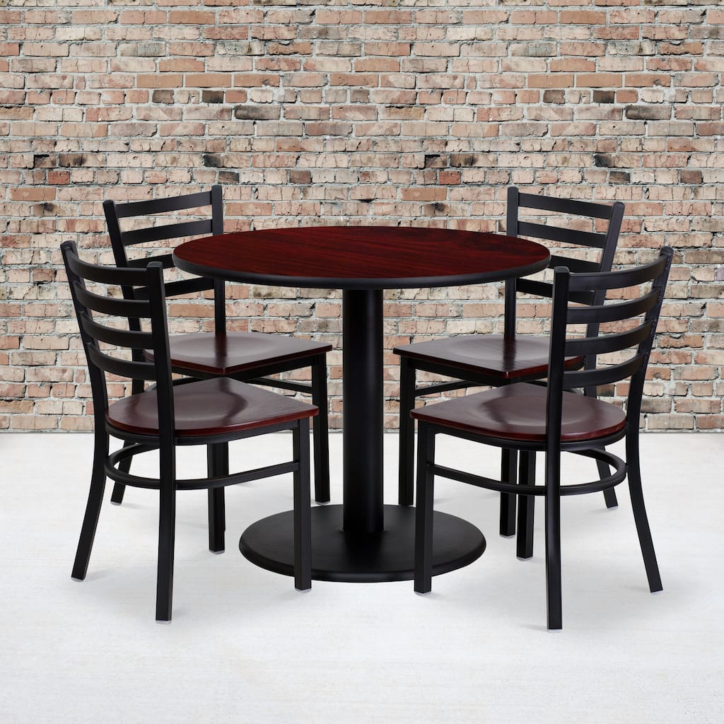 36" Round Mahogany Laminate Table Set with 4 Metal Chairs - Mahogany Wood Seat
