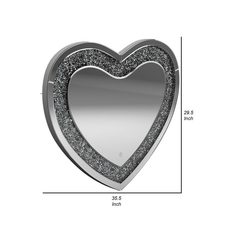 Theo 30 Inch Modern Vanity Wall Mirror, Heart, Crystal Frame, Glass, Silver