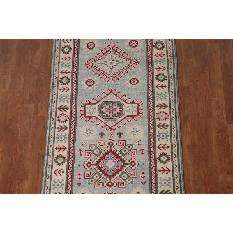 Light Blue Kazak Runner Rug Hand-Knotted Traditional Wool Carpet - 2'8" x 13'4"