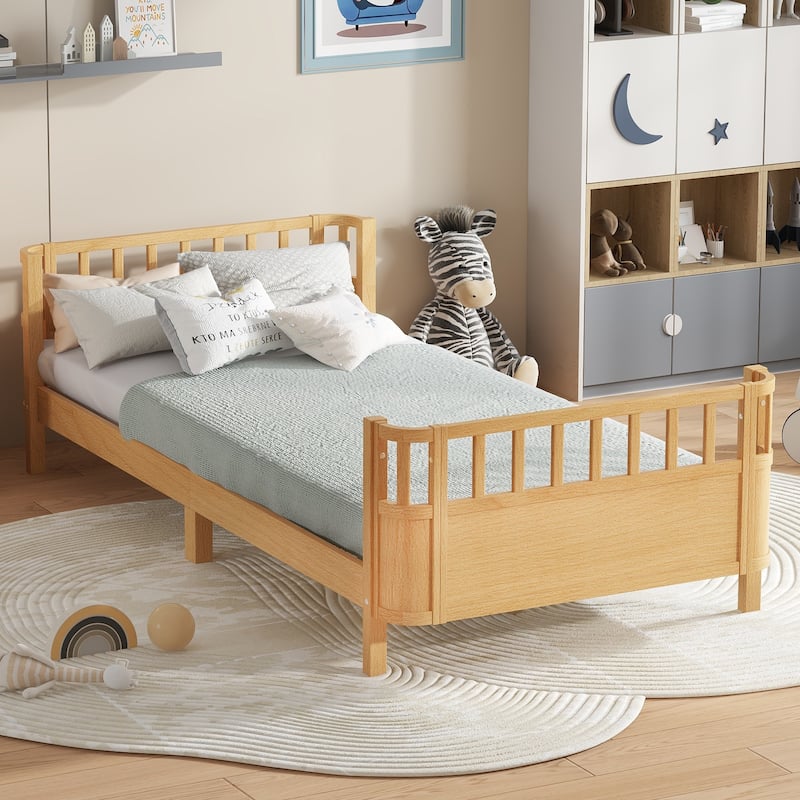 Multi Size Low Platform Bed for Kids with Rounded Corners Guardrails, Detachable Right-side Fence and Open Left-side Design