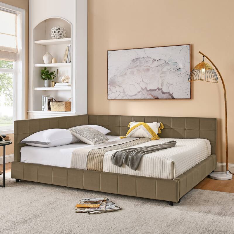 L-shaped Velvet Upholstered Daybed Tufted Sofa Bed with Soft Backrest Armrests - and Optional Corner Storage Day Bed