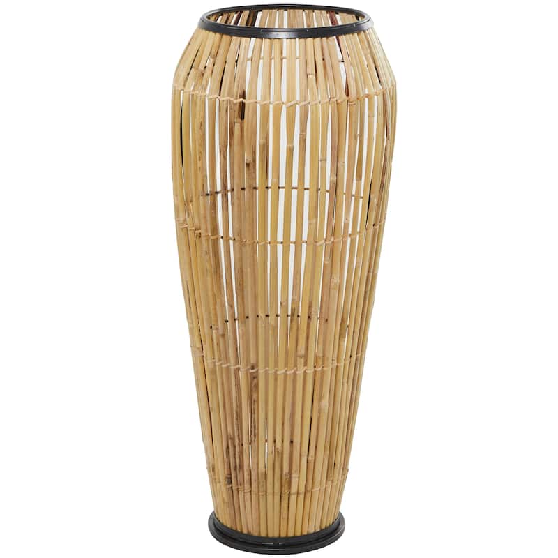 Brown Wicker Wood and Rattan Handmade Slatted Frame Vase with Black Metal Accents