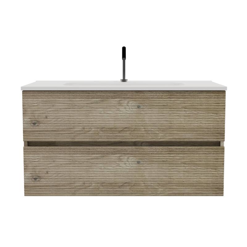 GDFStudio - Gloria Modern Wall-Mounted Floating Bathroom Vanity with Integrated Ceramic Basin & Soft-Close Drawers