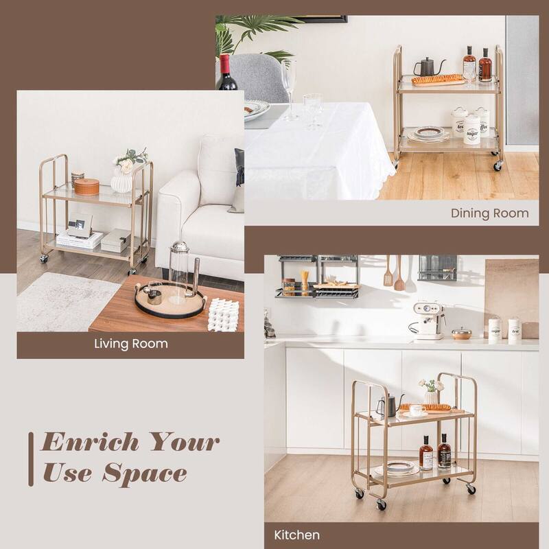 Gymax 2-tier Foldable Kitchen Bar Cart Mobile Tempered Glass Serving