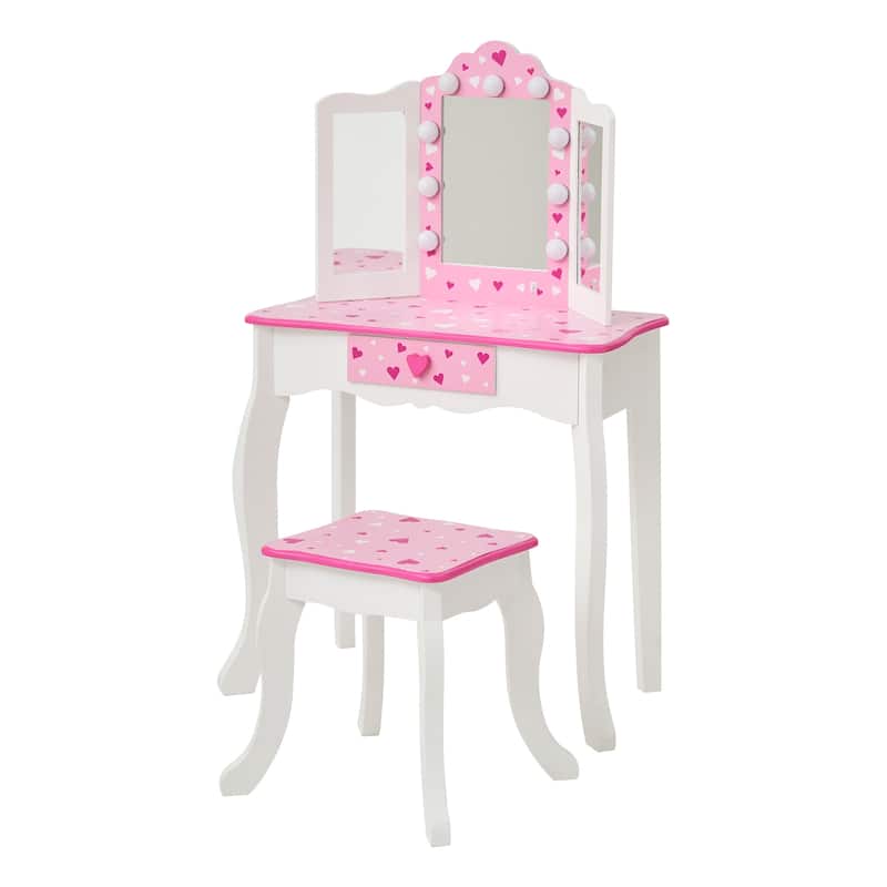 Teamson Kids Wooden Play Vanity Set with Tri-Fold Mirror, Storage Drawer and Stool, Kids Dressing Table for Girls Ages 3-5
