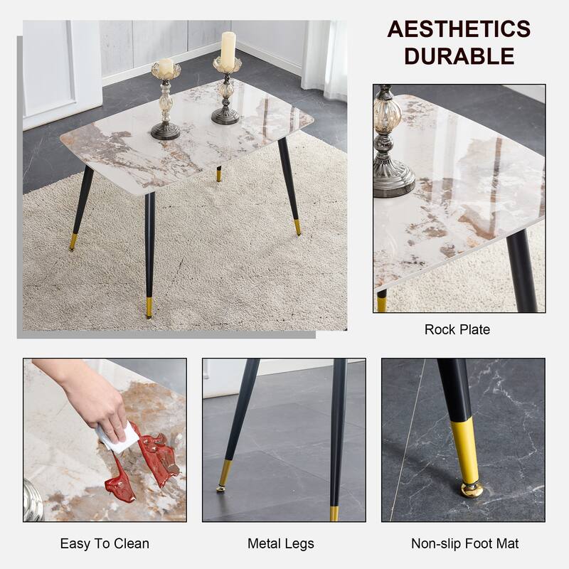 48.4" 5-Piece Sintered Stone Dining Table Set with 4 PU Chairs, Curved Widened Cushions, Pandora Patterned Rock Slab Desktop