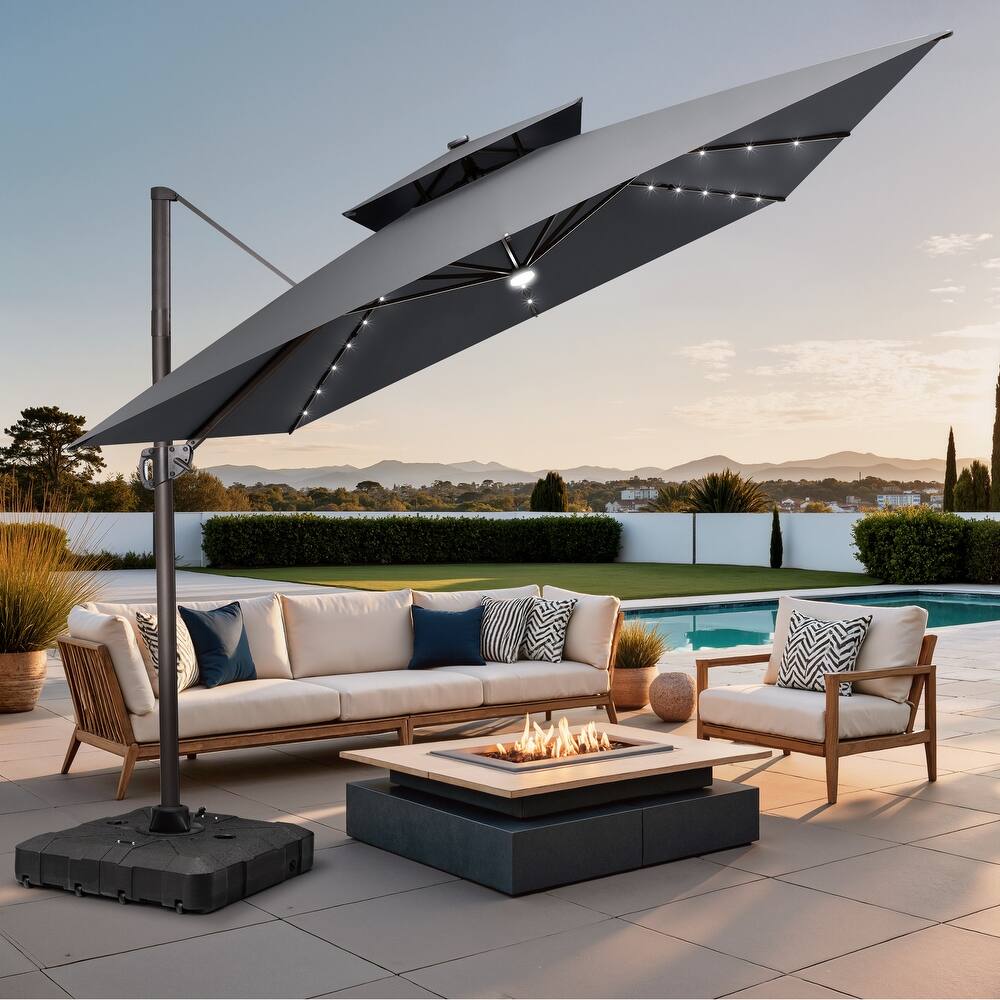 11 FT Square Outdoor Patio Cantilever Umbrella with Solar Lights All-Weather Wheeled Base Double Canopy 360 Rotation Tilt