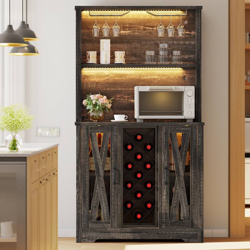 Moasis Bar Cabinet with Wine Rack LED Lights, Sideboard Buffet Storage Cabinet