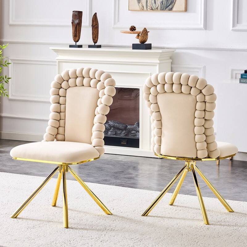 Set of 2 Modern Velvet Dining Chairs with Bubble Bead Back & Gold Legs