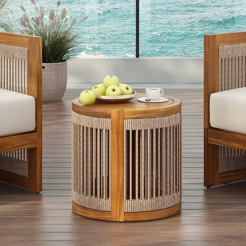 16.9" Acacia Wood Outdoor Side Table - Handwoven Rope Accent Boho Patio Table with All-Weather Durability - Teak
