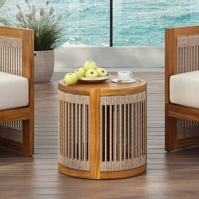 Roomfitters 16.9" Round Acacia Wood Outdoor Side Table, Handwoven Rope Accent Patio End Table, Teak