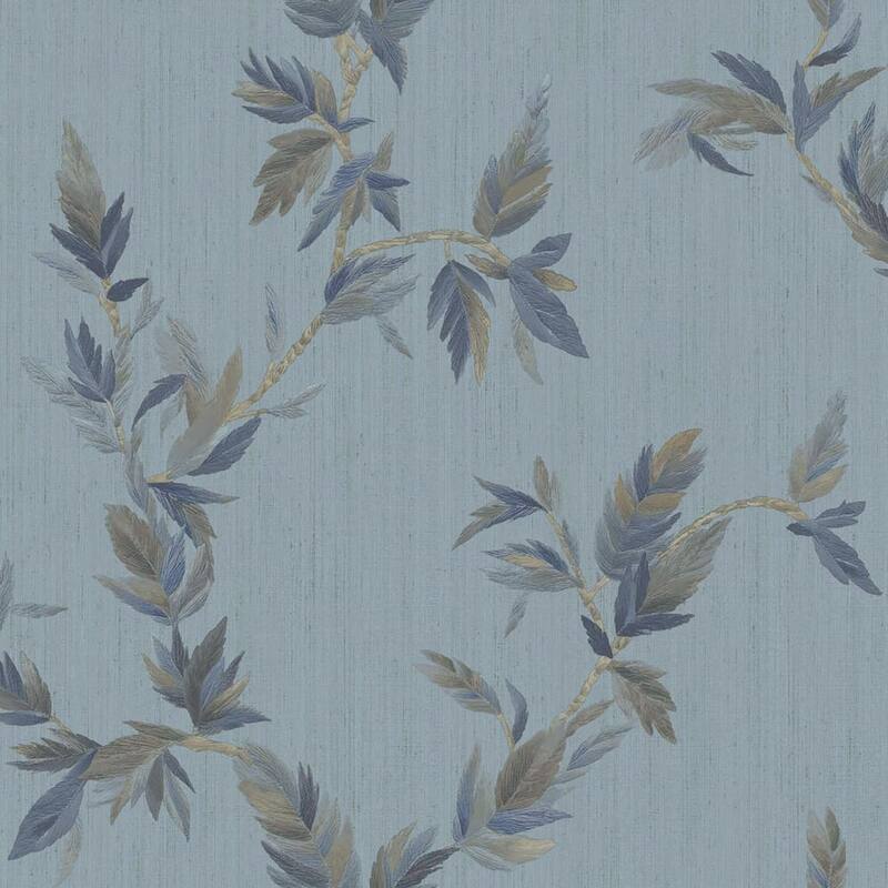 Galerie Wallcoverings Ornamenta Collection Thin Leaf Shimmer Finish Vinyl on Non-woven Wallpaper Roll - 33-feet long x 21-inches wide - Blue