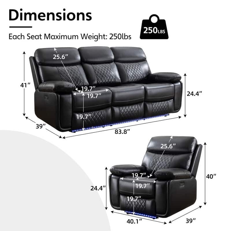Power Reclining Sofa with Wireless Charger,Reading Light,LED Light for Living Room,Faux Leather,AC/USB Port,Cup Holder,Black